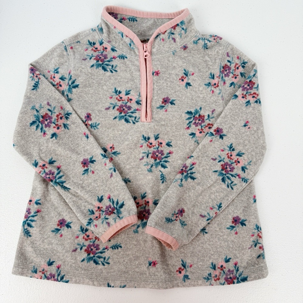 OshKosh B'gosh Girls 4T Floral Fleece Pullover Gray Pink Half Zip Long Sleeve